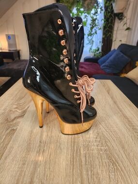 PLEASER Sexy 6" Heel Gold Chrome Platform Stripper Black Women's Ankle Boots
